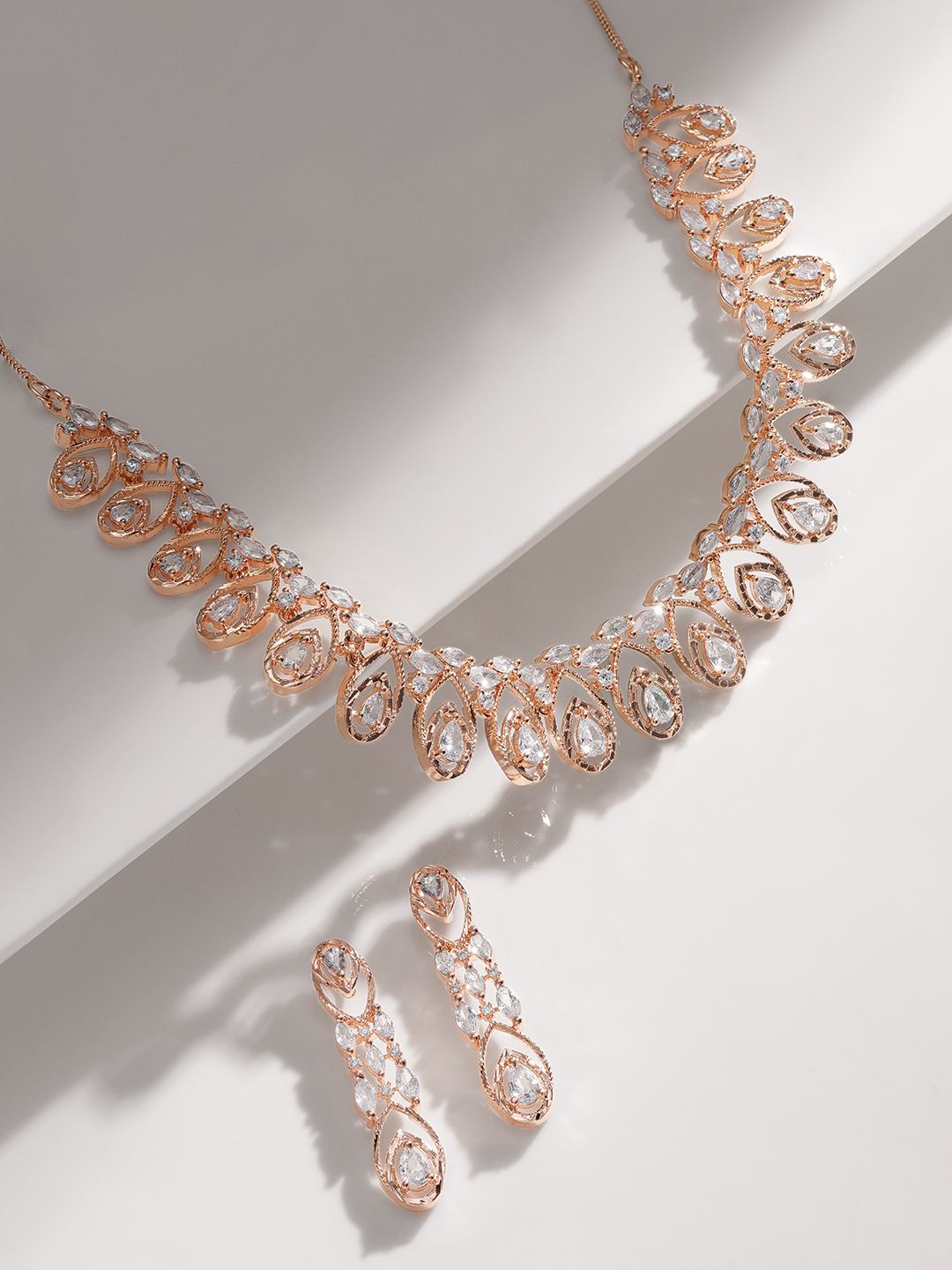 Dhiyona RJ Women's Rose Gold- Plated White CZ-Studded Handcrafted Statement Necklace Set