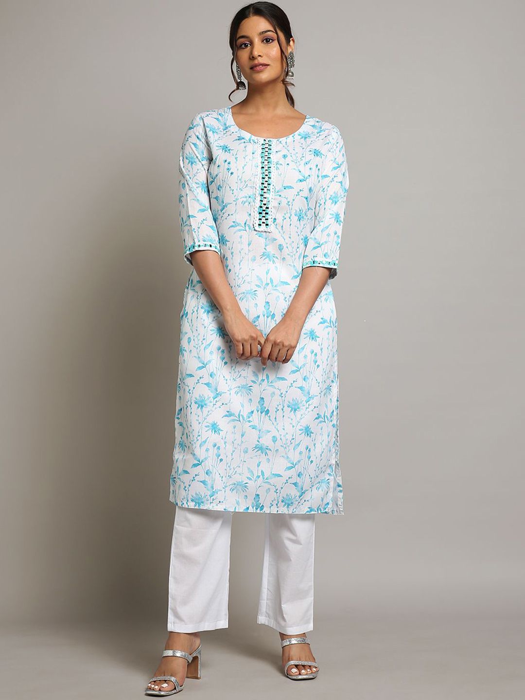 Dhiyona OD Floral Printed Sequinned Linen Kurta with Trousers & Dupatta