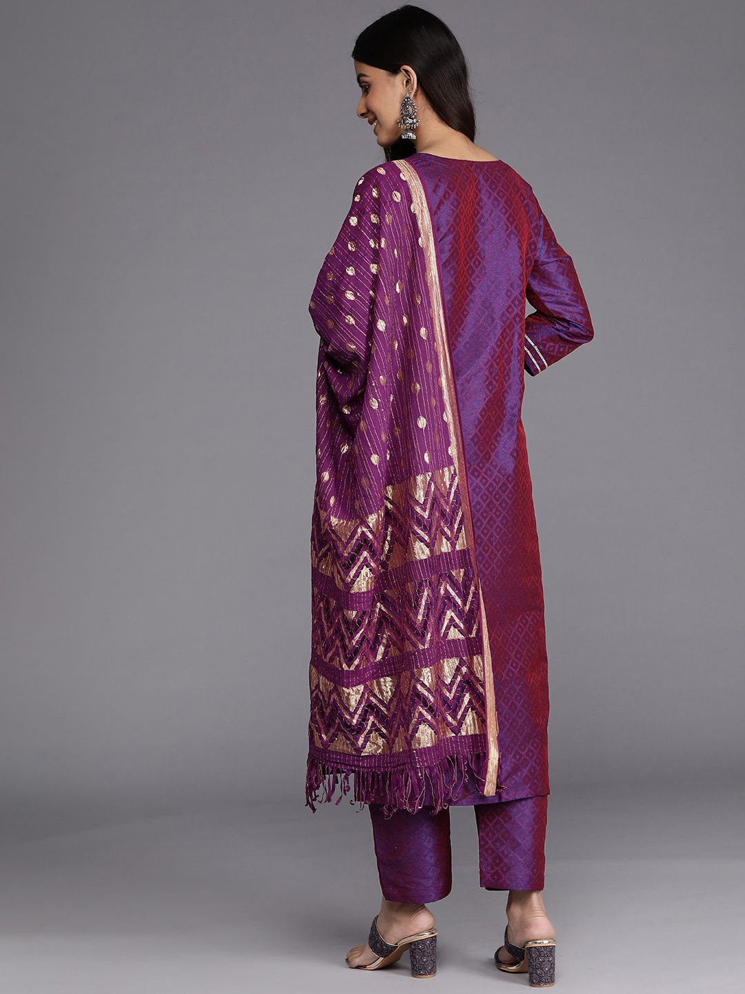 Dhiyona VA Women'sPurple Geometric Woven Design Thread Work Jacquard Kurta with Trousers & Dupatta