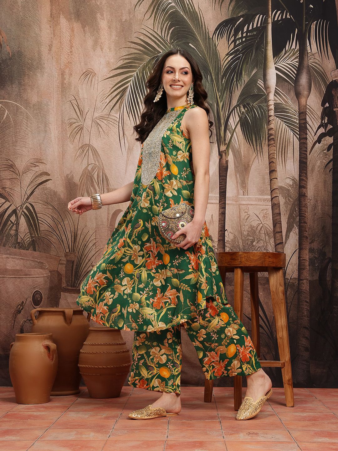 Dhiyona SN Women's Floral Print Pleated Sequinned Kurta with Palazzos