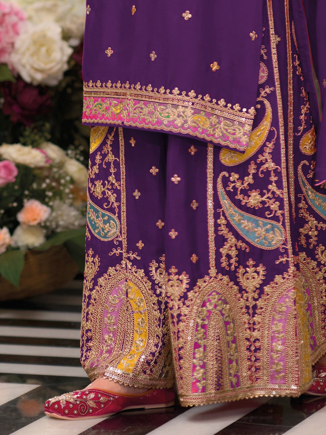Floral Embroidered Sequinned Chinon Straight Kurta With Palazzos & Dupatta
