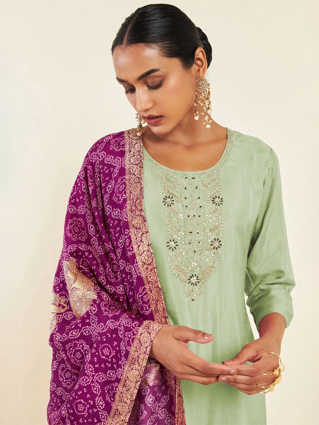 Dhiyona SO Women's Floral Embroidered Yoke Design Kurta With Trousers & Dupatta