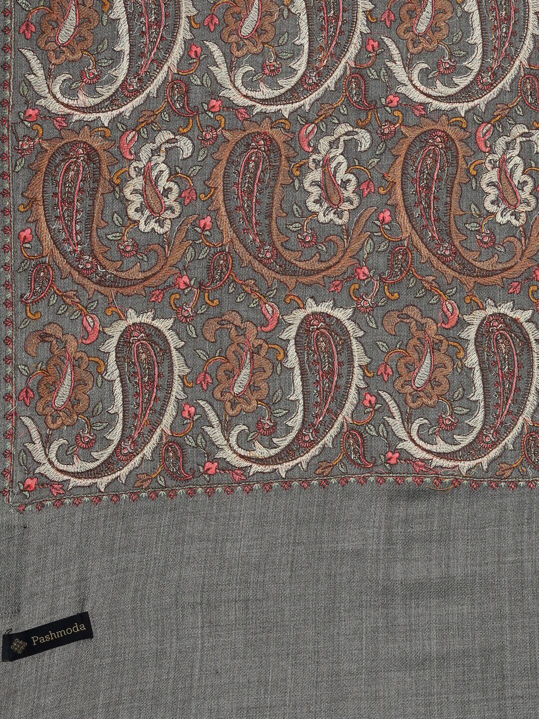 Dhiyona PA Women Grey Melange & Brown Embroidered Woolen Shawl