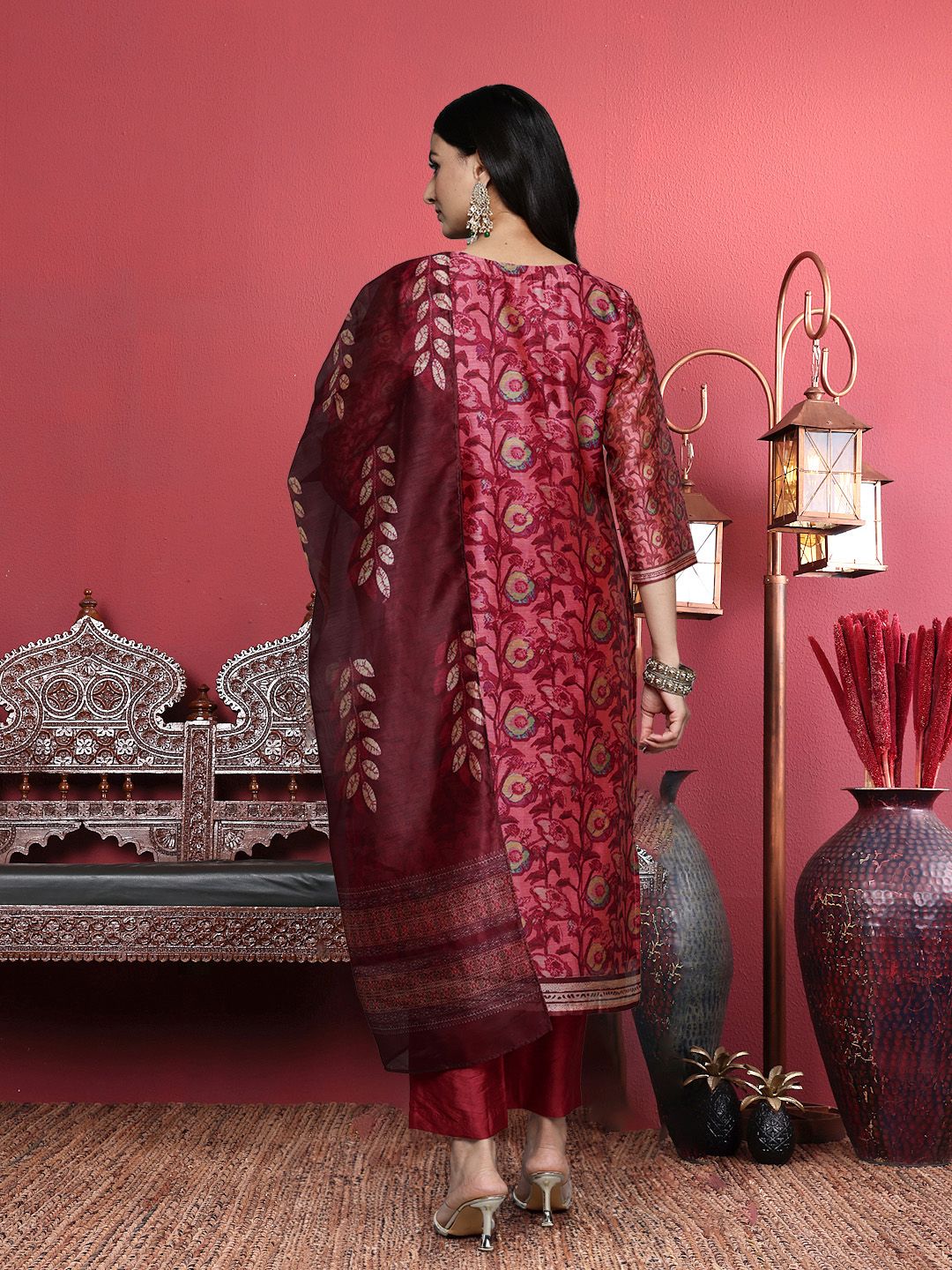Dhiyona VA Women'sMaroon Floral Printed Beads and Stones Straight Kurta with Trousers & Dupatta