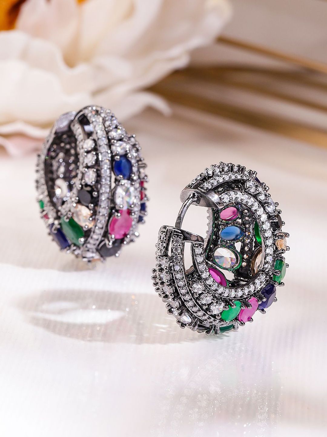 Dhiyona RJ Women's Black-Toned Multicolour Gemstone & Cubic Zirconia Studded Statement Hoop Earrings