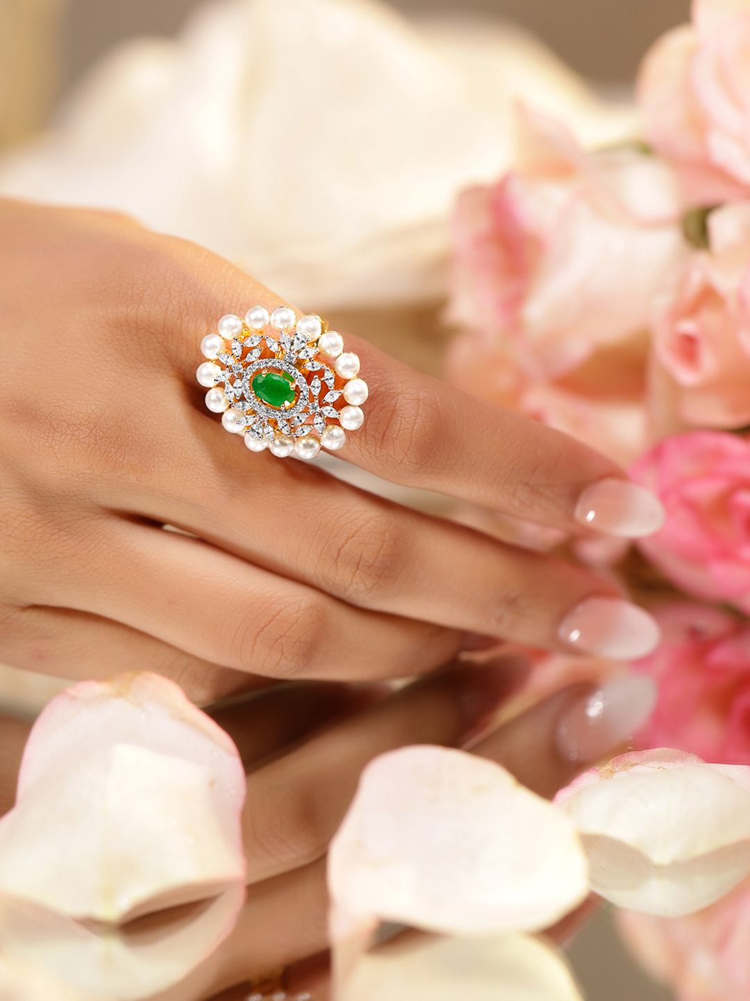 Dhiyona RJ Women's 22K Gold Plated Emerald Green Cubic Zirconia & Pearl Beaded Adjustable Finger Ring