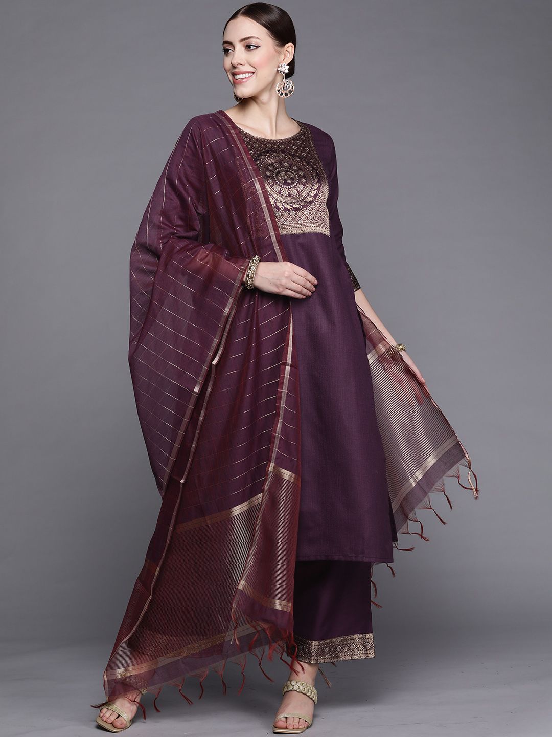 Dhiyona IE Women Purple Yoke Design Kurta with Palazzos & With Dupatta