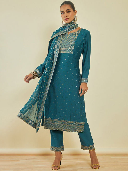Dhiyona SO Women's Floral Embroidered Regular Sequinned Kurta With Trousers & With Dupatta