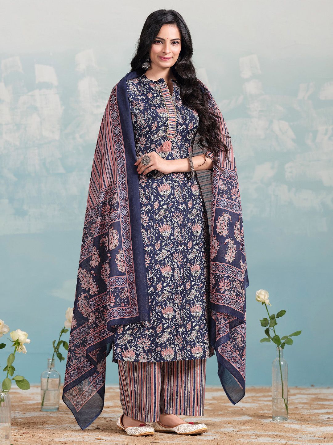 Dhiyona VA Women's Ethnic Motifs Printed Regular Kurta with Trousers & With Dupatta