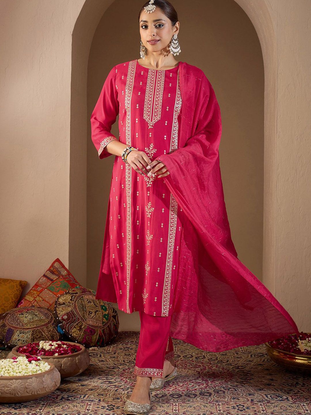 Women Ethnic Motifs Embroidered Regular Sequinned Kurta with Trousers & With Dupatta