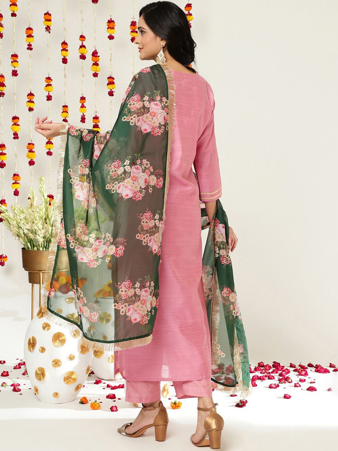 Dhiyona VA Women'sZari And Thread Work Embroidered Yoke Silk Kurta & Trousers With Dupatta