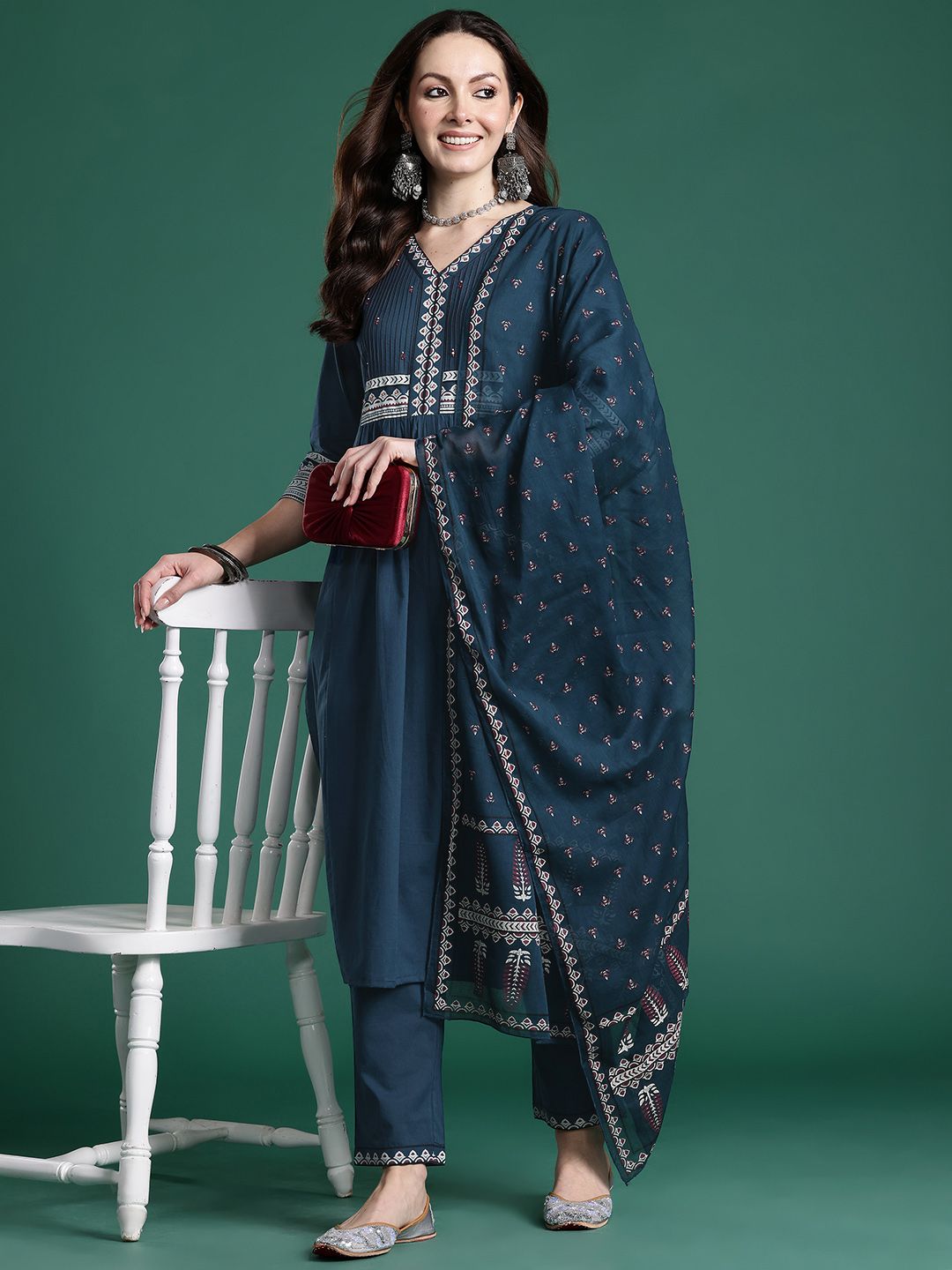 Ethnic Motifs Printed Sequinned Pure Cotton Kurta with Trousers & With Dupatta