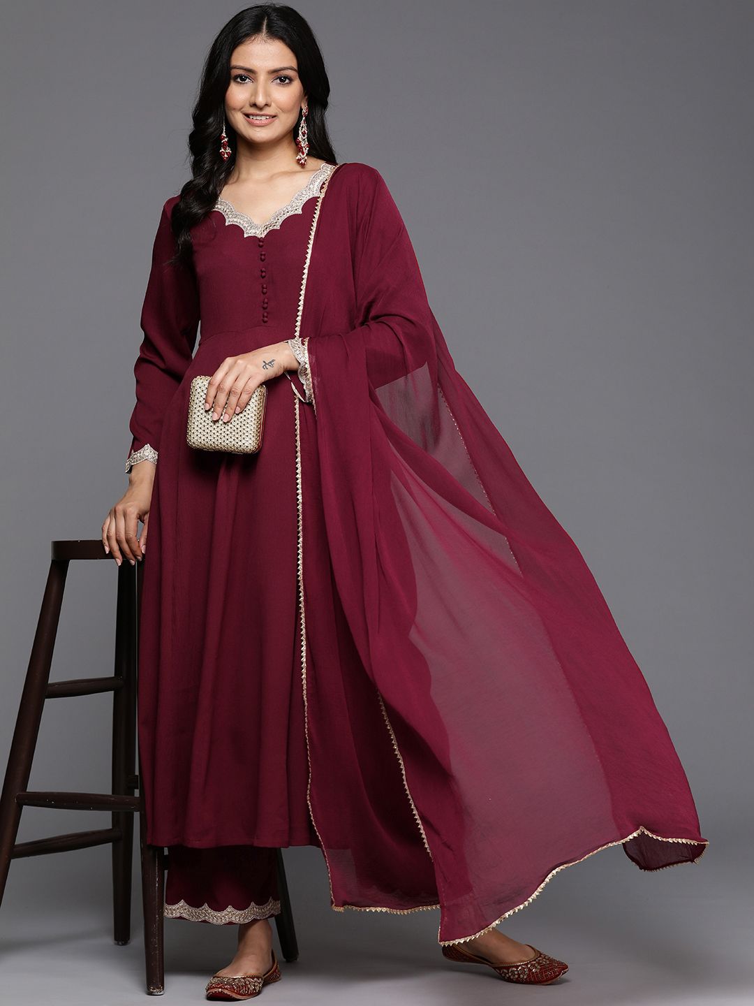 Dhiyona VA Women'sEmbroidered Sequinned Crepe Anarkali Kurta With Trousers & Dupatta