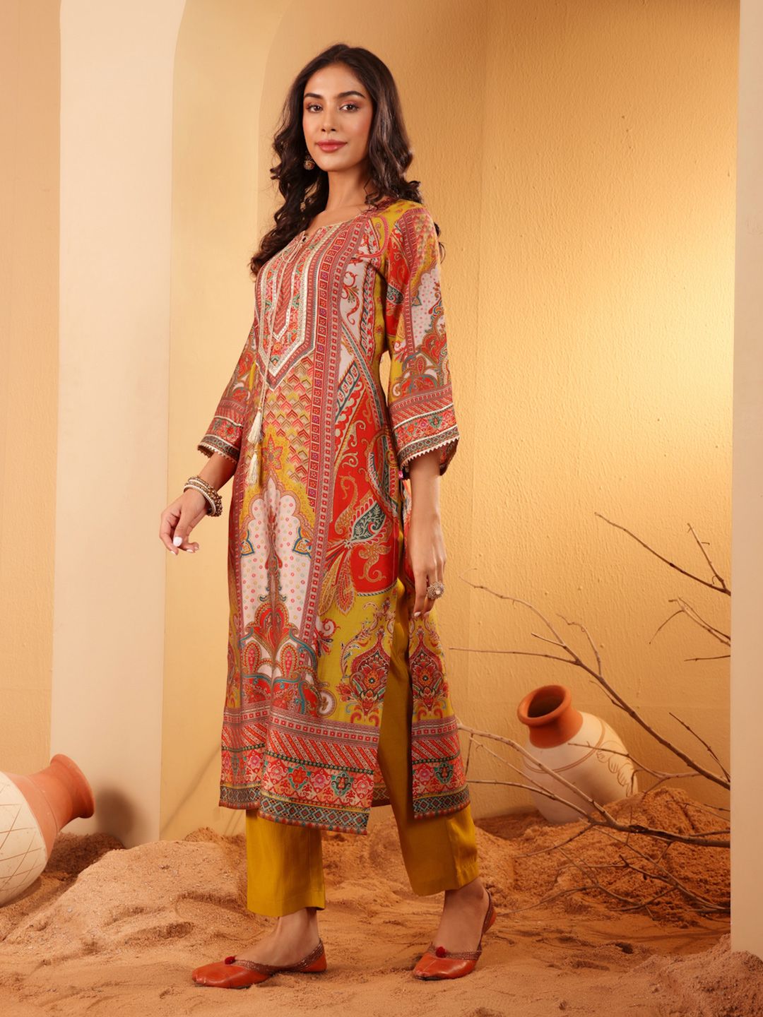 Dhiyona VA Women'sEthnic Motifs Embroidered Gotta Patti Notch Neck Chanderi Silk Kurta With Trousers