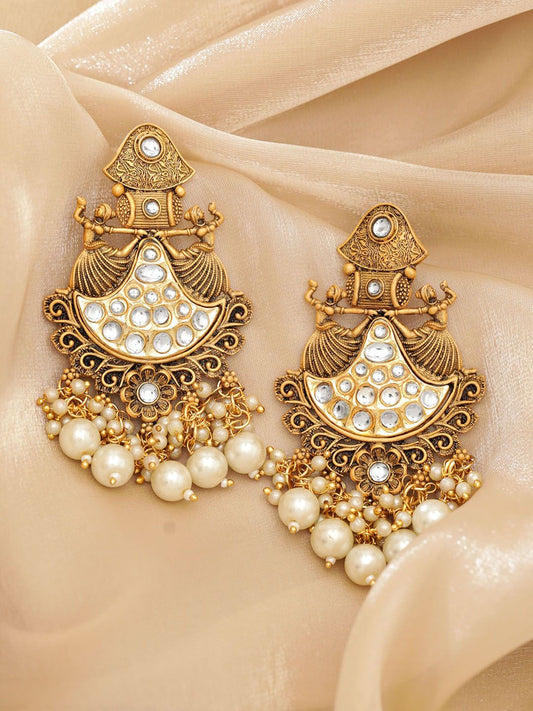 Dhiyona RJ Women's 22K Gold-Plated Kundan Studded with Pearl Drops Chandbali Earrings