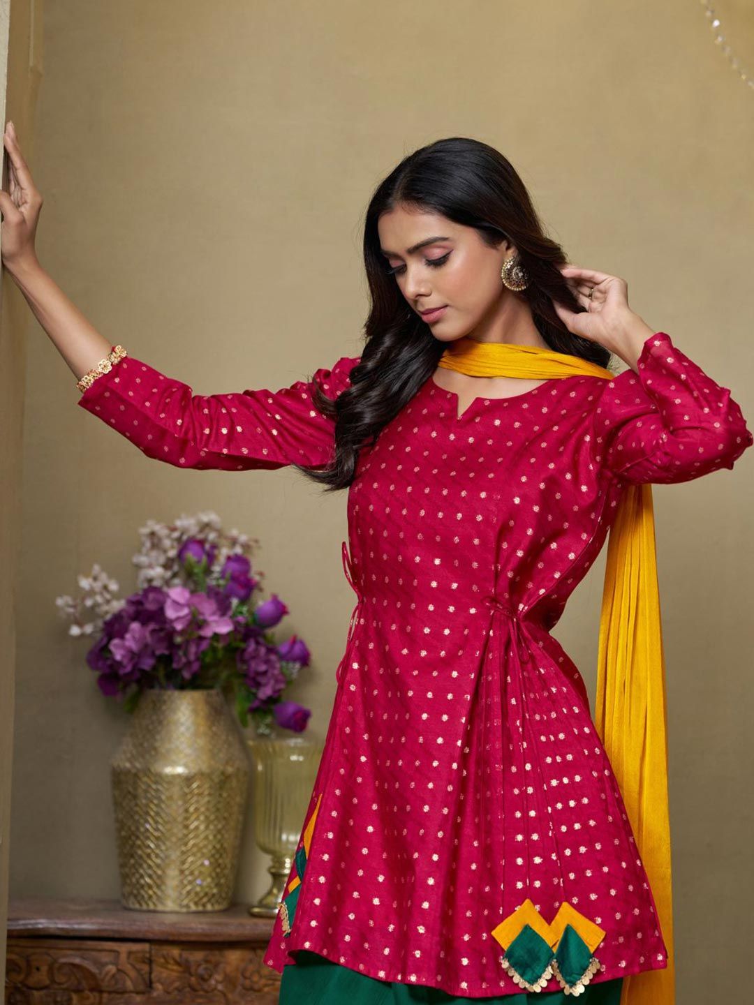 Dhiyona SN Women's Cotton Silk Zari Embroidered Kurti Dhoti and Dupatta Set