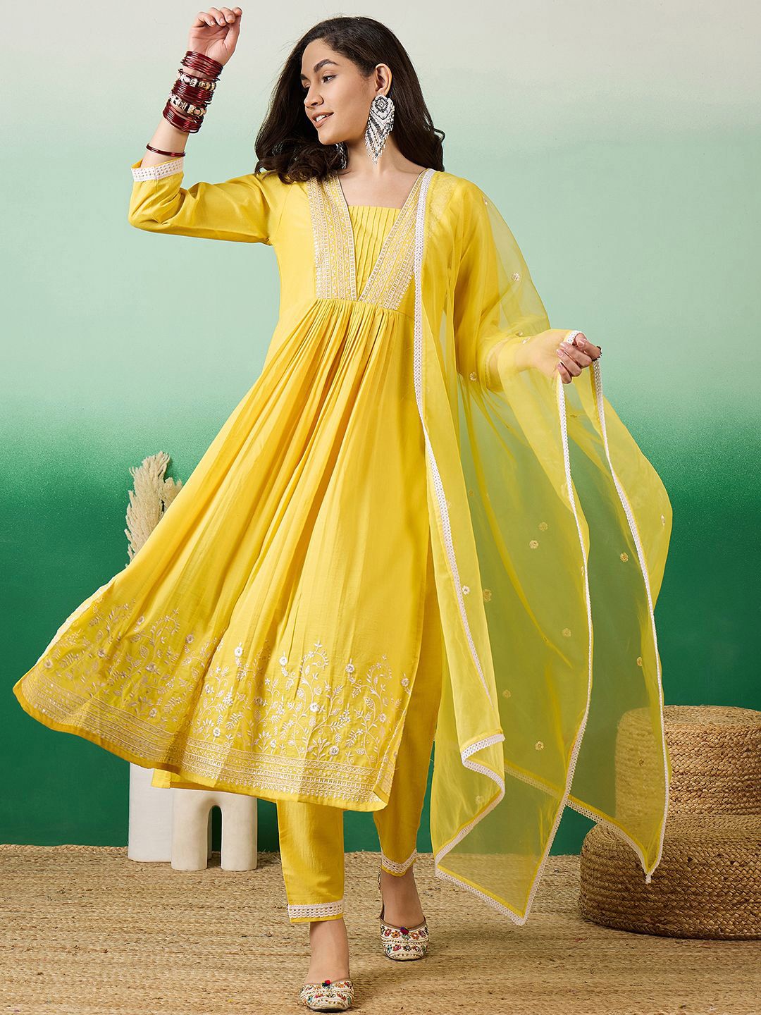 Dhiyona SN Women's Ethnic Motifs Embroidered Sequinned Straight Kurta With Trousers And Dupatta