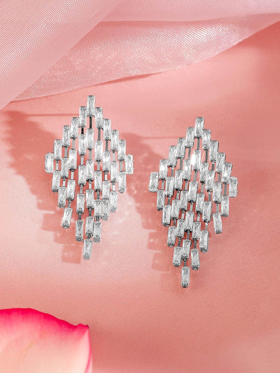 Dhiyona RJ Women's Rhodium-Plated Cubic Zirconia Studded Diamond-Shaped Drop Earrings