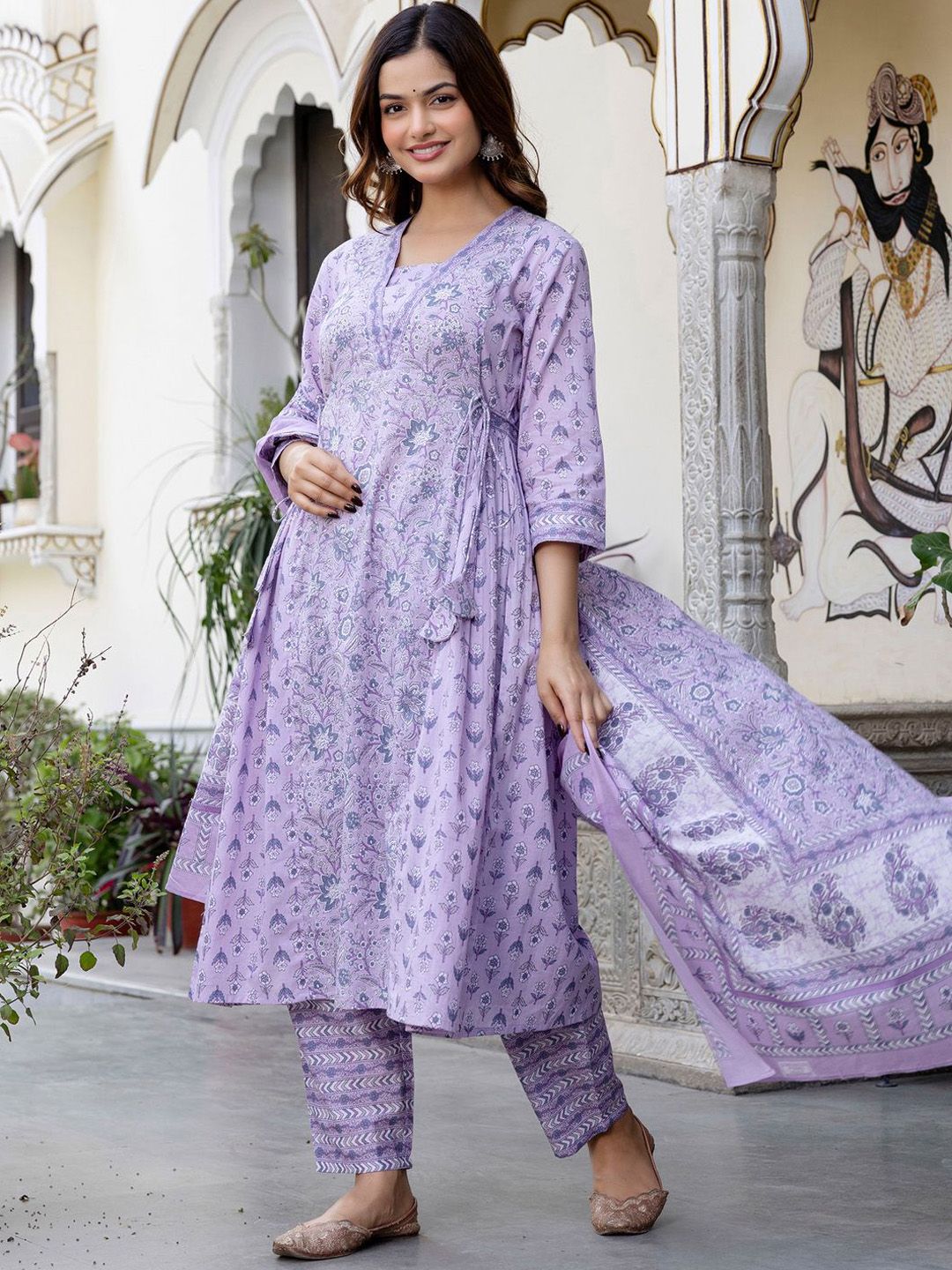 Dhiyona IE Floral Printed Panelled Square Neck Pure Cotton Kurta With Trousers & Dupatta