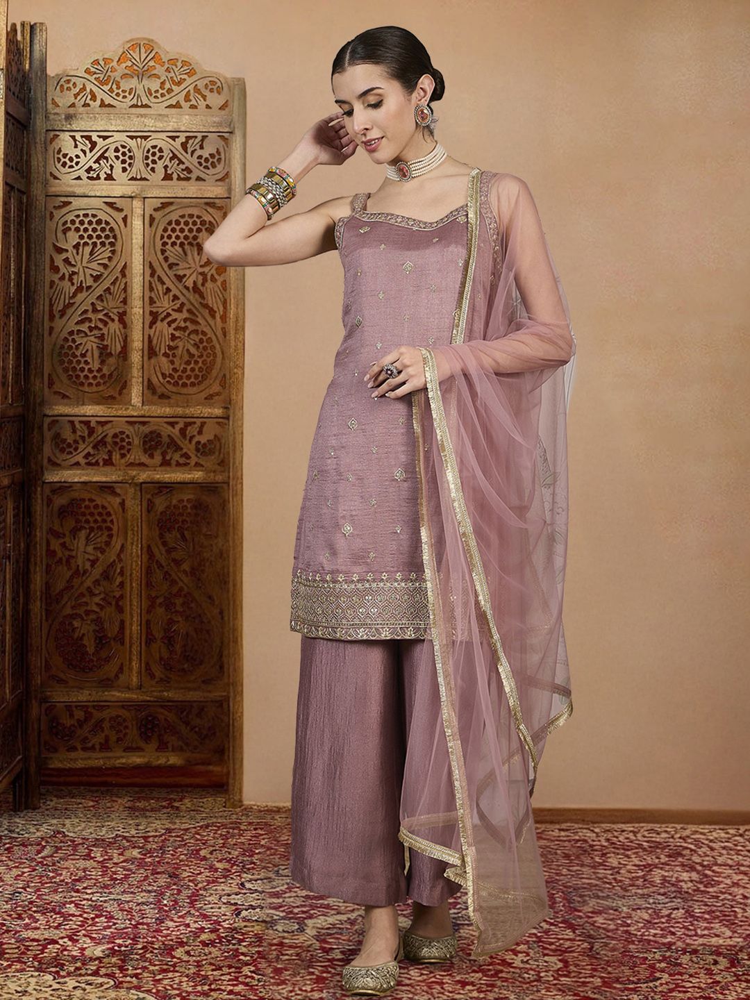 Dhiyona PD Women Embroidered Straight Kurta & Palazzos With Dupatta