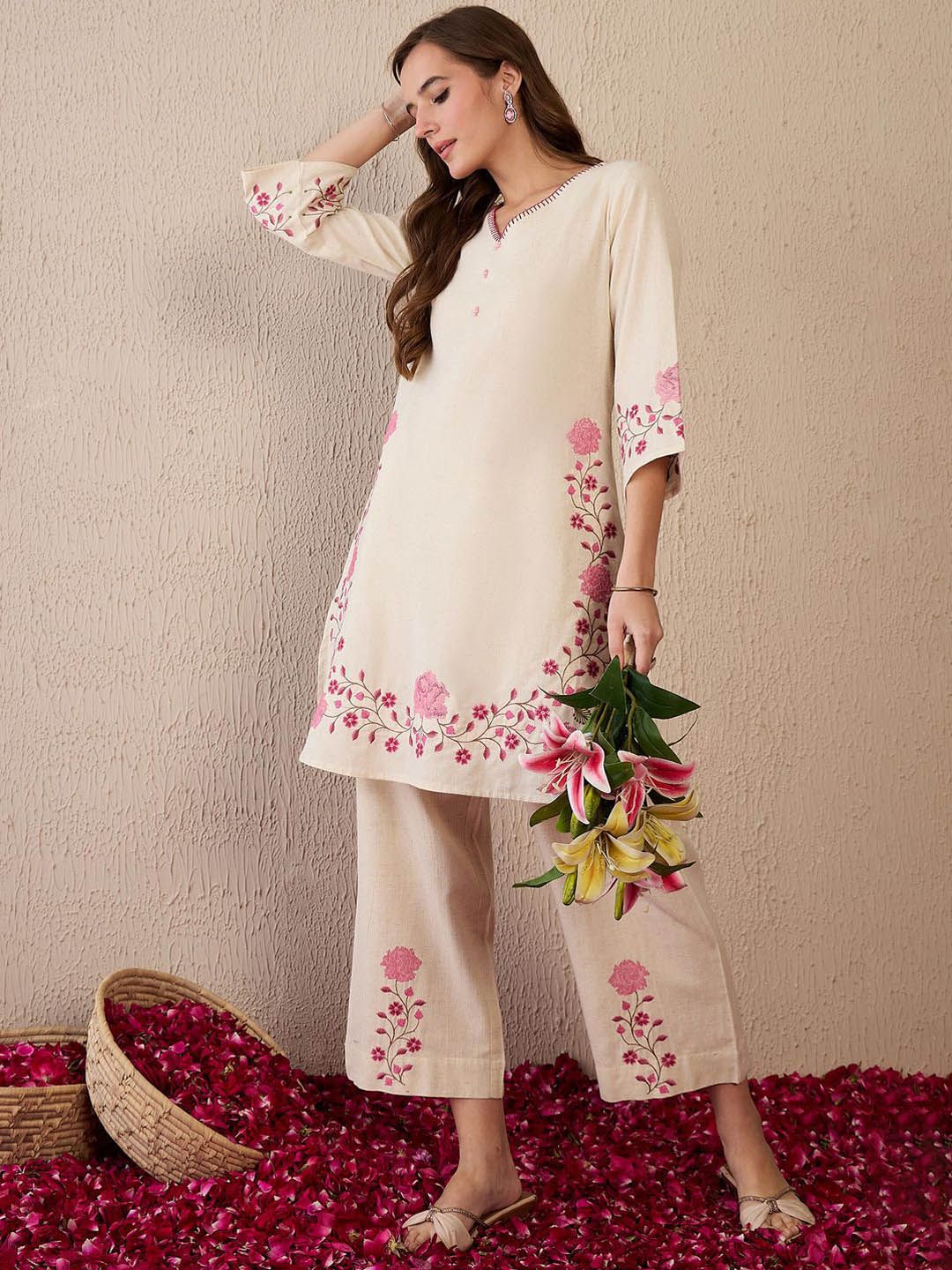 Dhiyona IE Women Floral Embroidered Regular Thread Work Pure Cotton Kurta with Palazzos