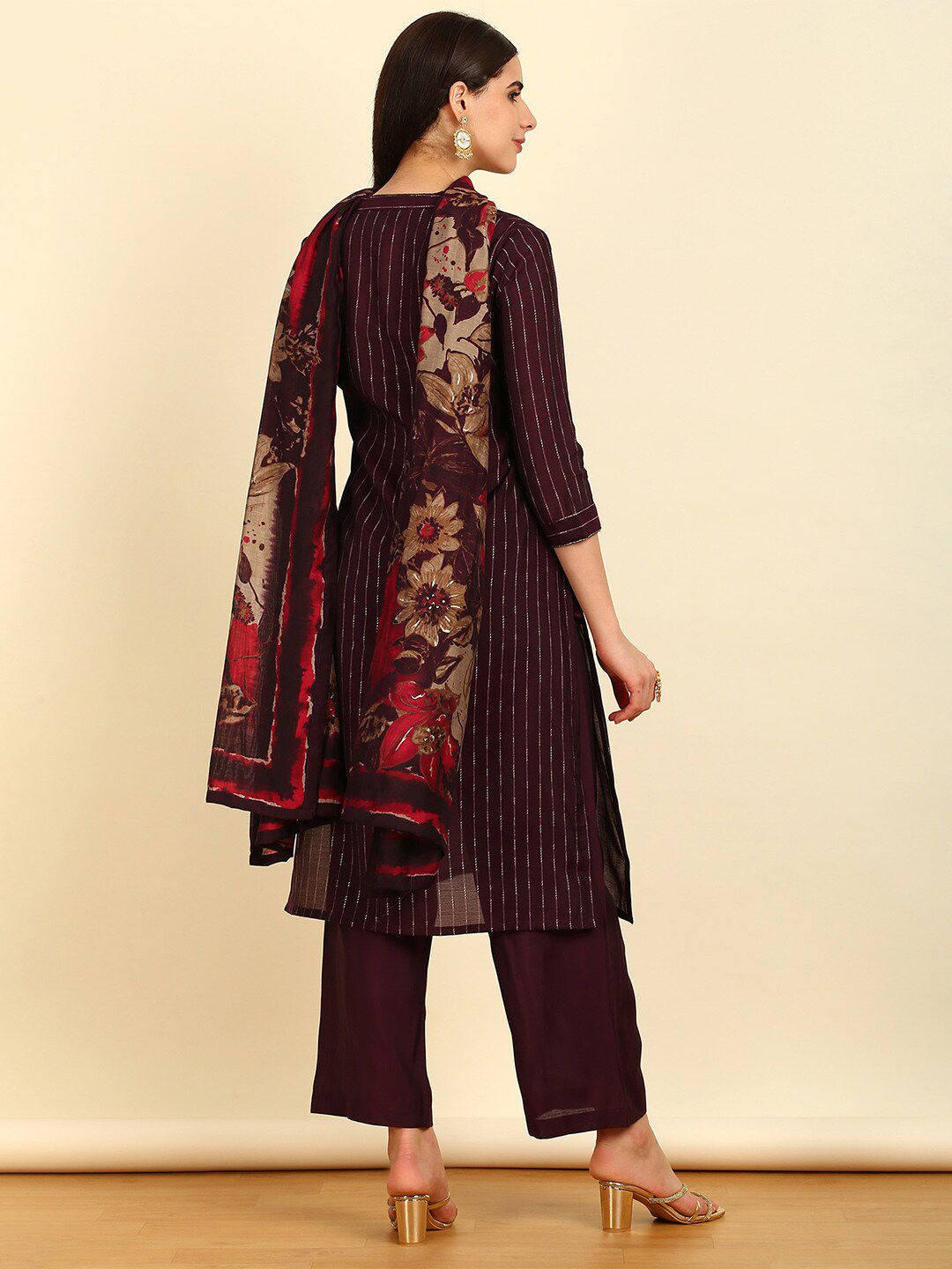 Dhiyona SO Women's Striped Regular Kurta With Palazzos & Dupatta