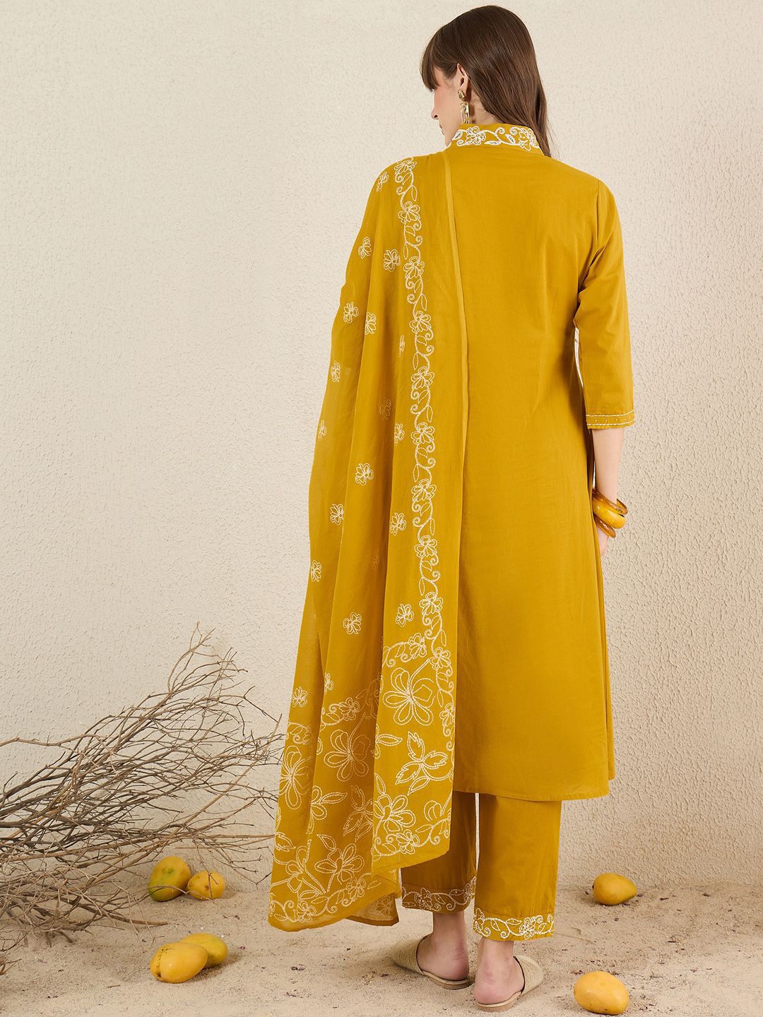 Dhiyona IE Women Solid Embroidered Cotton Kurta with Trousers & Dupatta