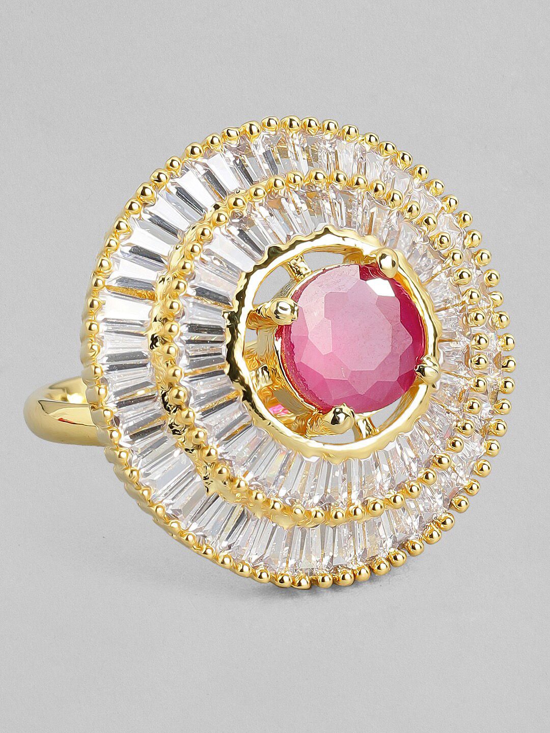 Dhiyona RJ Women's 22K Gold Plated Ruby Pink & White American Diamond Studded Adjustable Finger Ring
