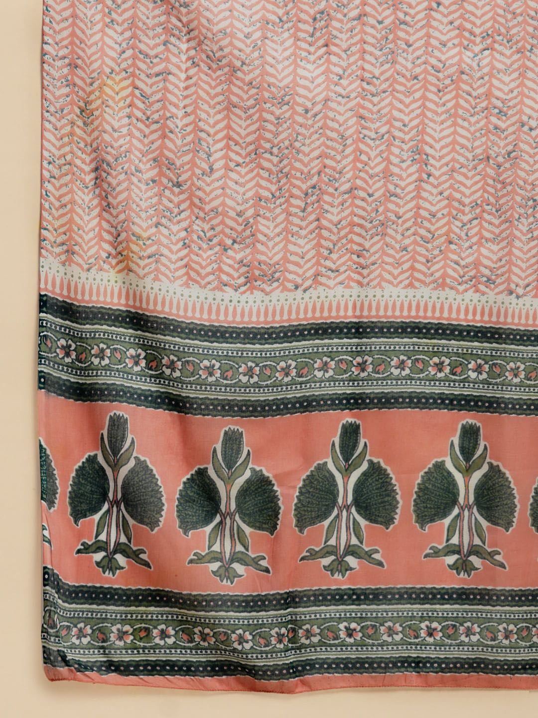 Dhiyona SN Women's Peach & Blue Floral-Printed Pure-Cotton Straight Kurta With Trouser & Dupatta