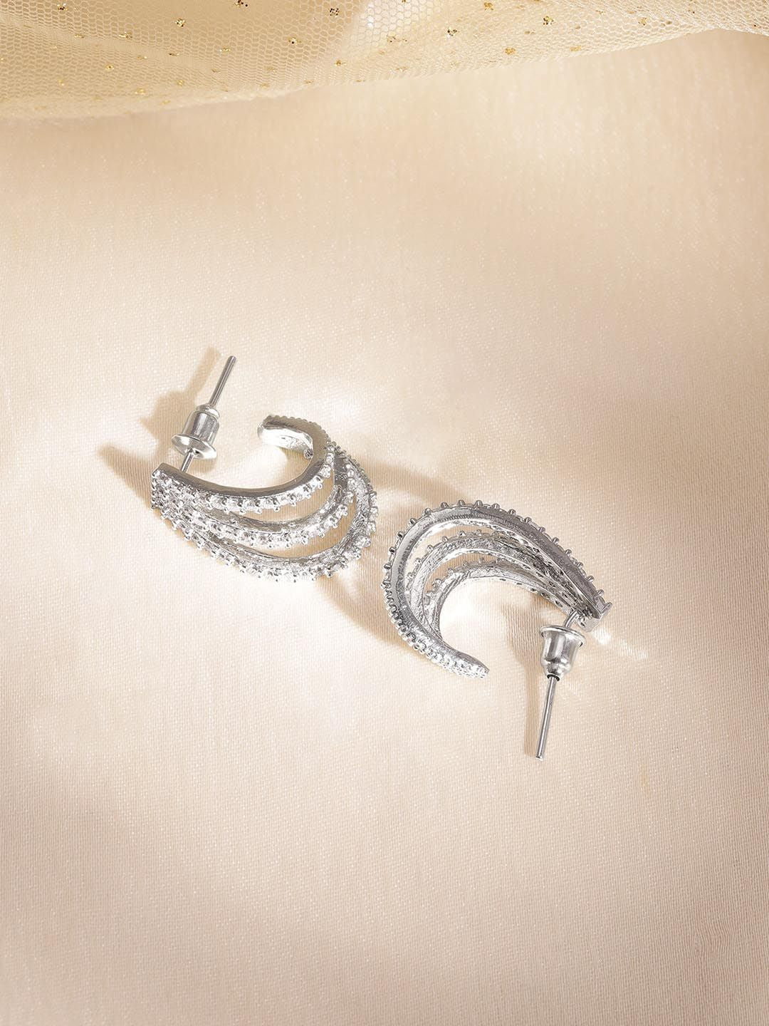 Dhiyona RJ Women's Rhodium Plated High Quality Cubic Zirconia Studded Hoop Earrings