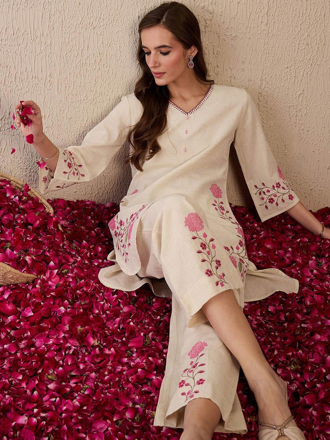 Dhiyona IE Women Floral Embroidered Regular Thread Work Pure Cotton Kurta with Palazzos