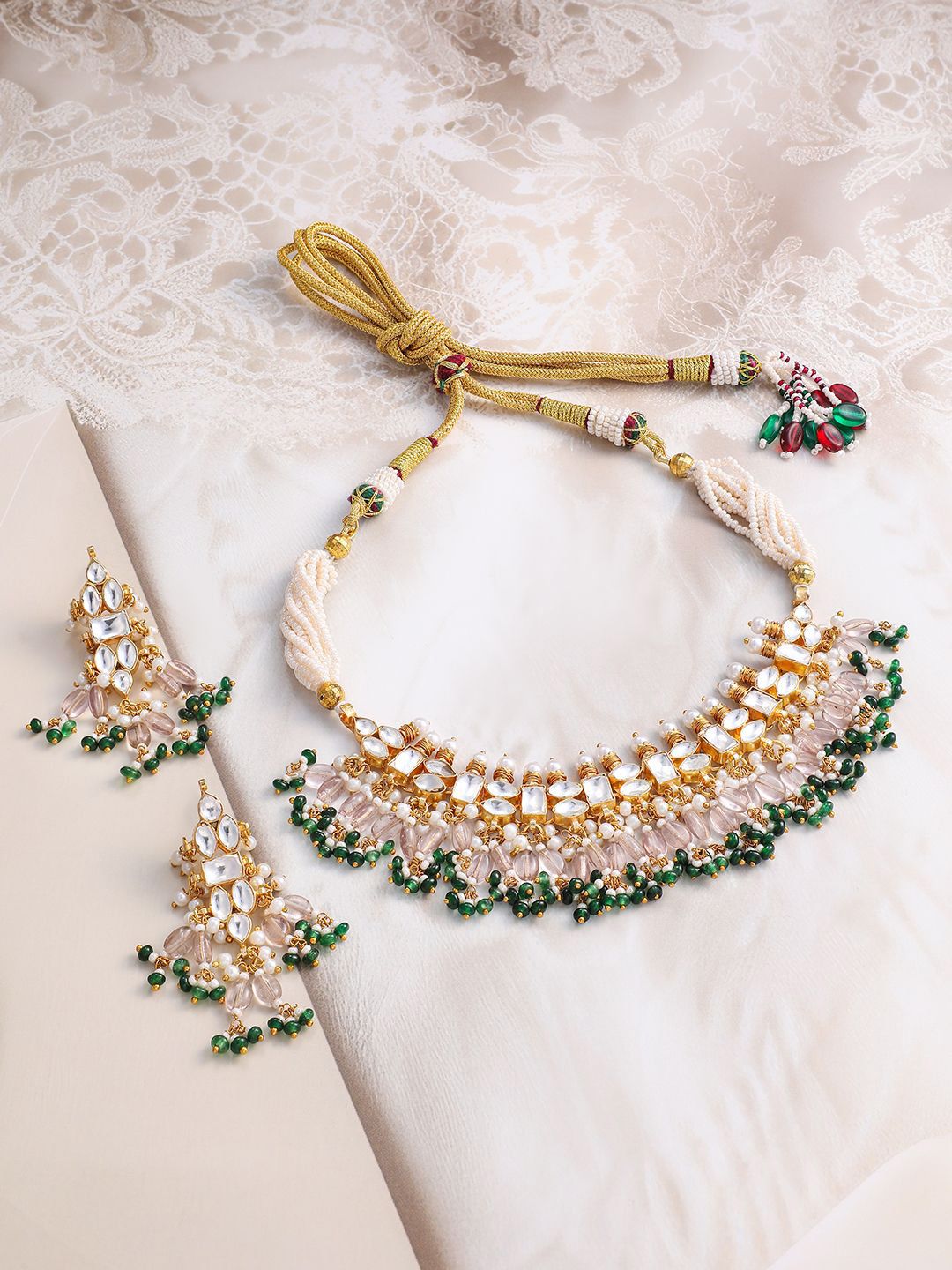 Dhiyona RJ Women's 24K Gold-Plated Pachi Kundan Choker Set with Light Gold Beads & Green Accents