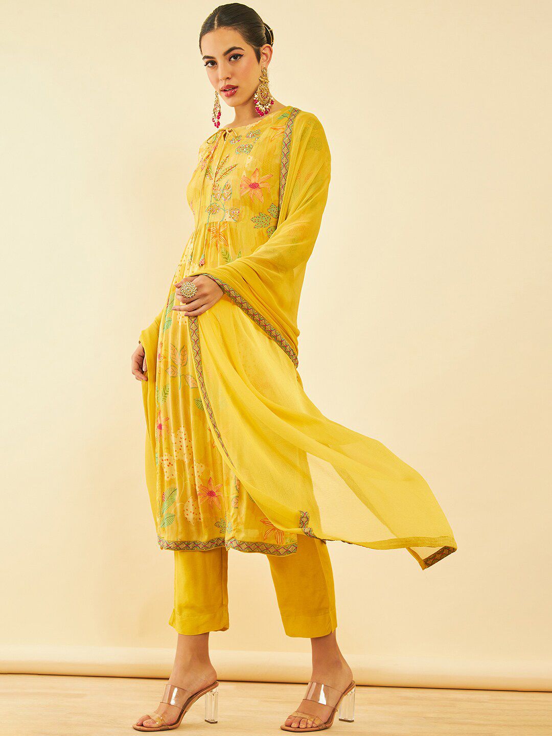 Dhiyona SO Women's Floral Printed Pleated Sequinned Kurta with Trouser & Dupatta