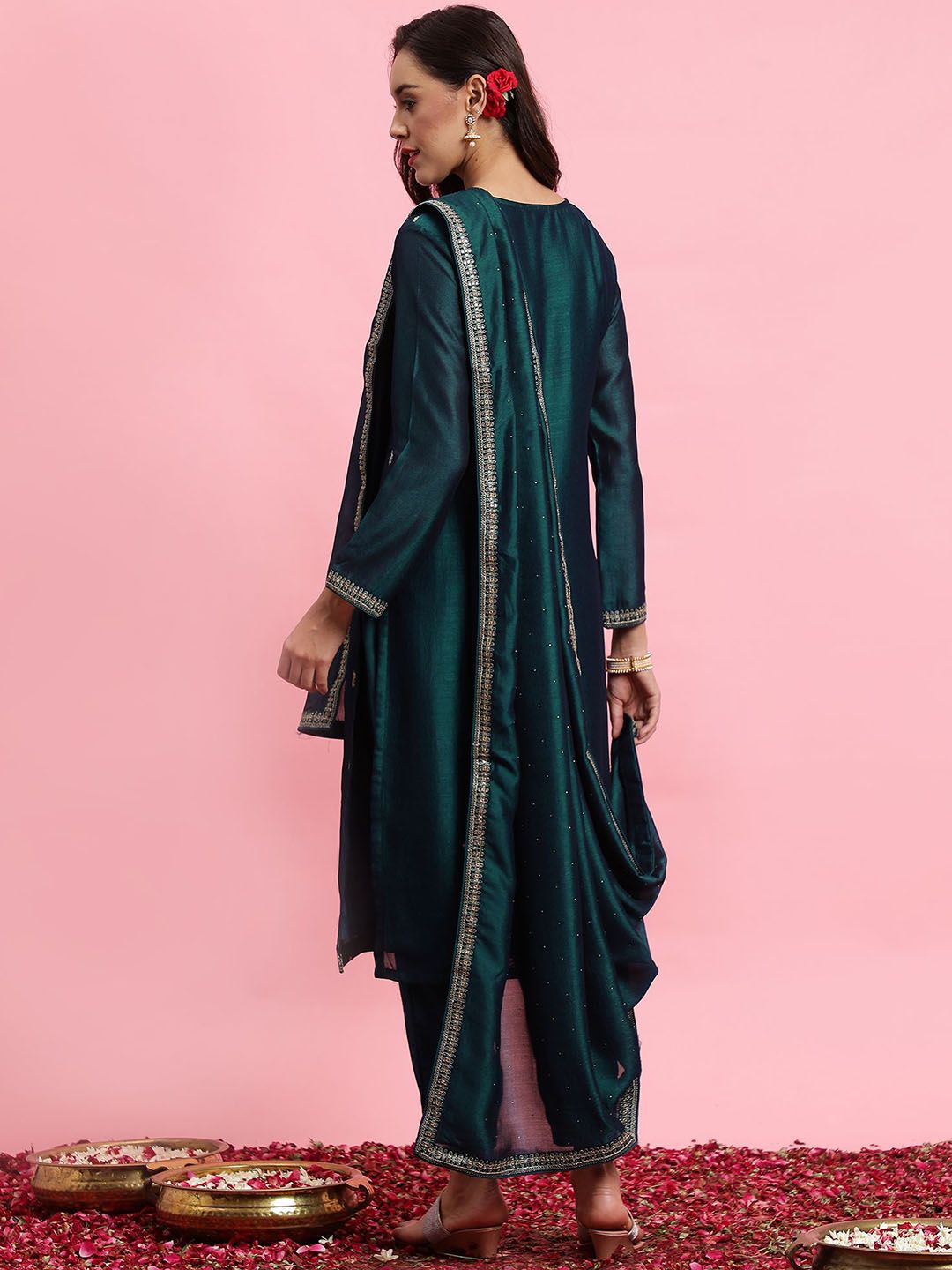 Dhiyona IE Embroidered Straight Sequinned Kurta with Trousers & Dupatta