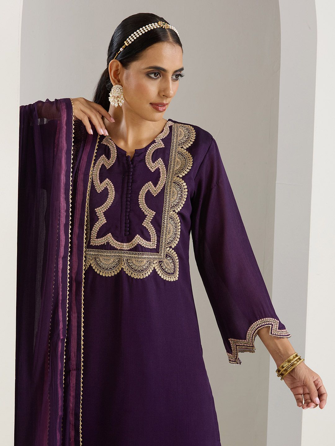 Dhiyona IS Women's Purple Ethnic Motifs Embroidered Chinon Straight Kurta With Sharara & Dupatta