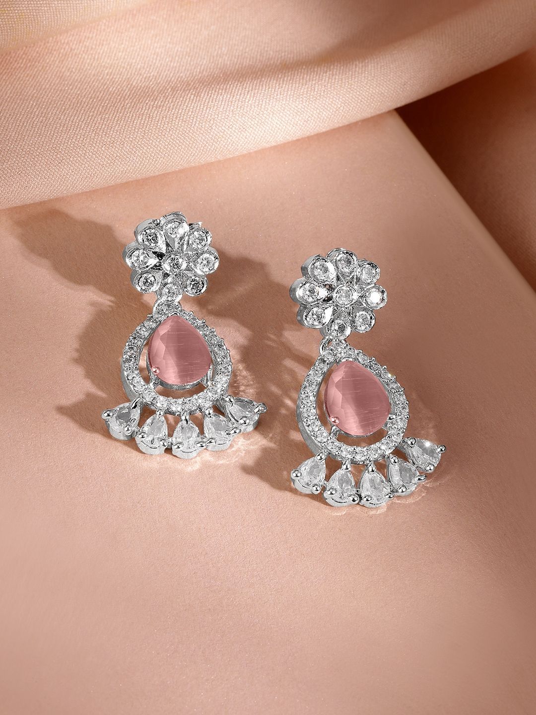 Dhiyona RJ Women's Rhodium-Plated Pastel Pink AD & Cubic Zirconia Studded Necklace Set