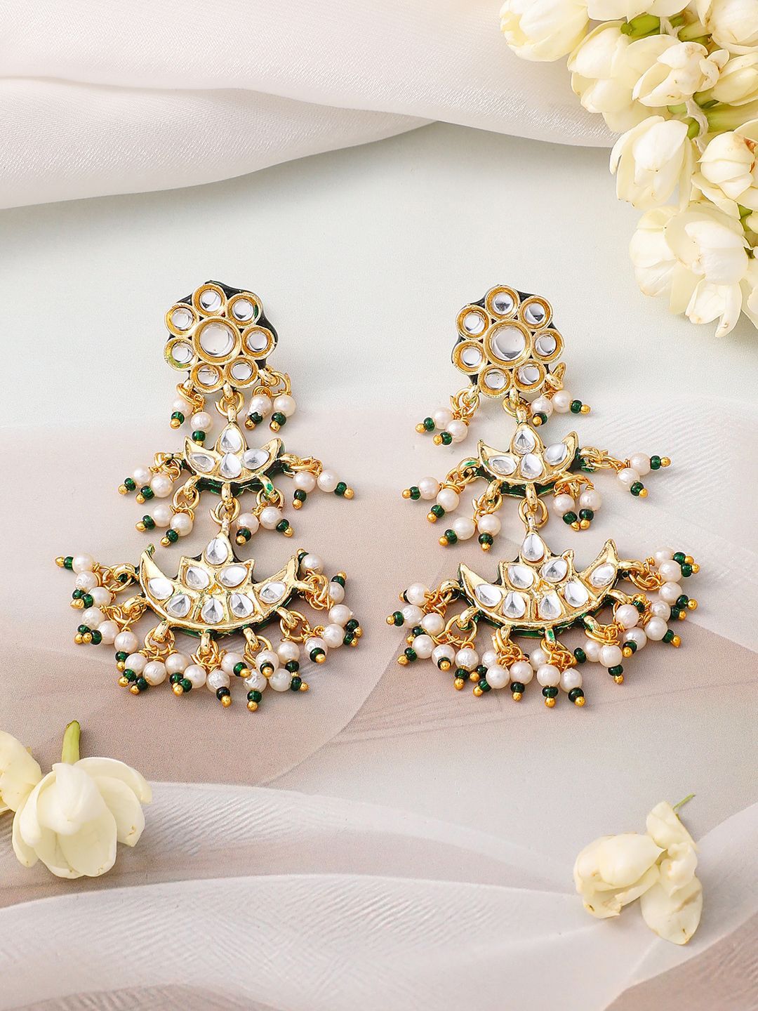 Dhiyona RJ Women's 22K Gold-Plated Kundan Studed Green Border, Pearl Beaded Crescent Moon Necklace Set