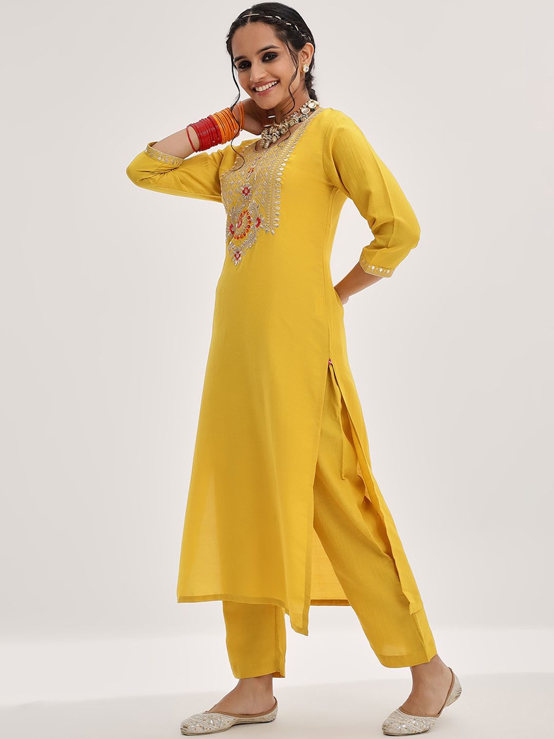 Dhiyona VA Women'sYellow Yoke Design Ethnic Motifs Straight Kurta & Trousers With Dupatta
