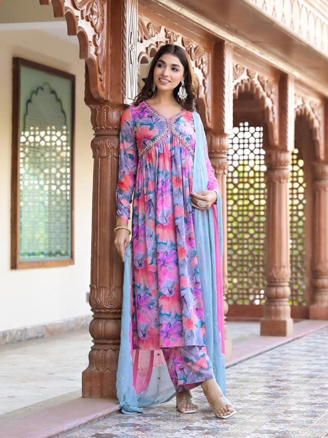 Dhiyona VA Women'sFloral Printed Mirror Embroidered Alia-Cut Gather Detail A-Line Kurta With Dupatta