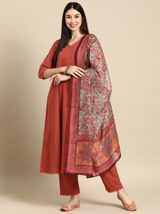 Women's Anarkali Pure Cotton Kurta With Trousers & Dupatta