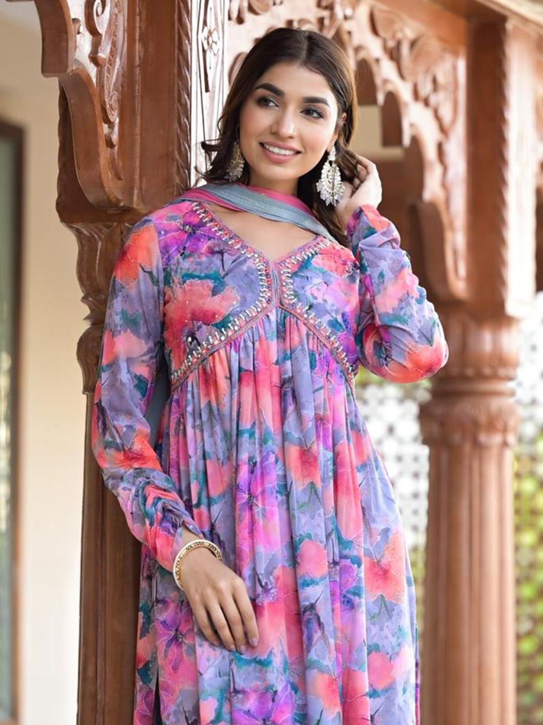 Dhiyona VA Women'sFloral Printed Mirror Embroidered Alia-Cut Gather Detail A-Line Kurta With Dupatta