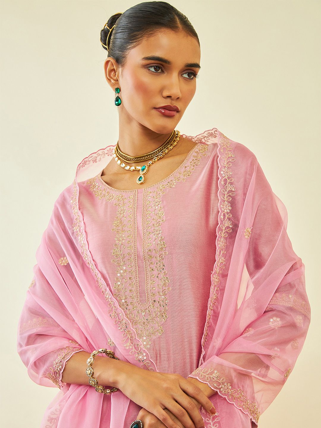 Dhiyona SO Women's Ethnic Motifs Embroidered Round Neck Straight Kurta With Trousers & Dupatta