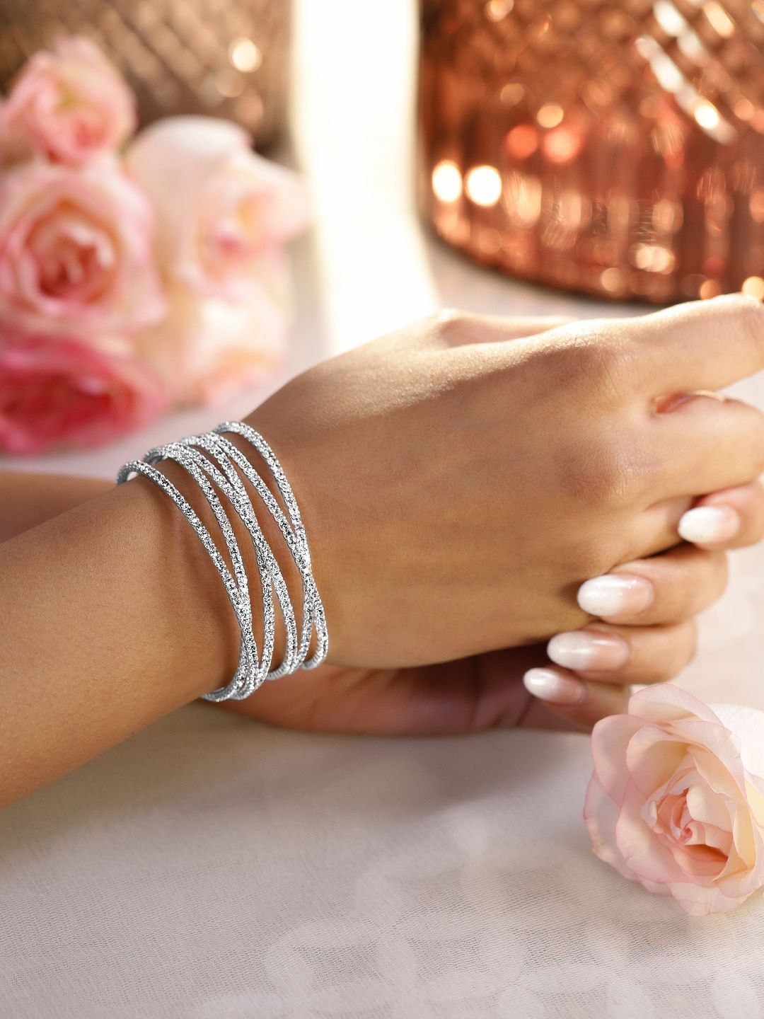 Dhiyona RJ Women's Rhodium-Plated Crystals Stone Studded Cuff Bracelet