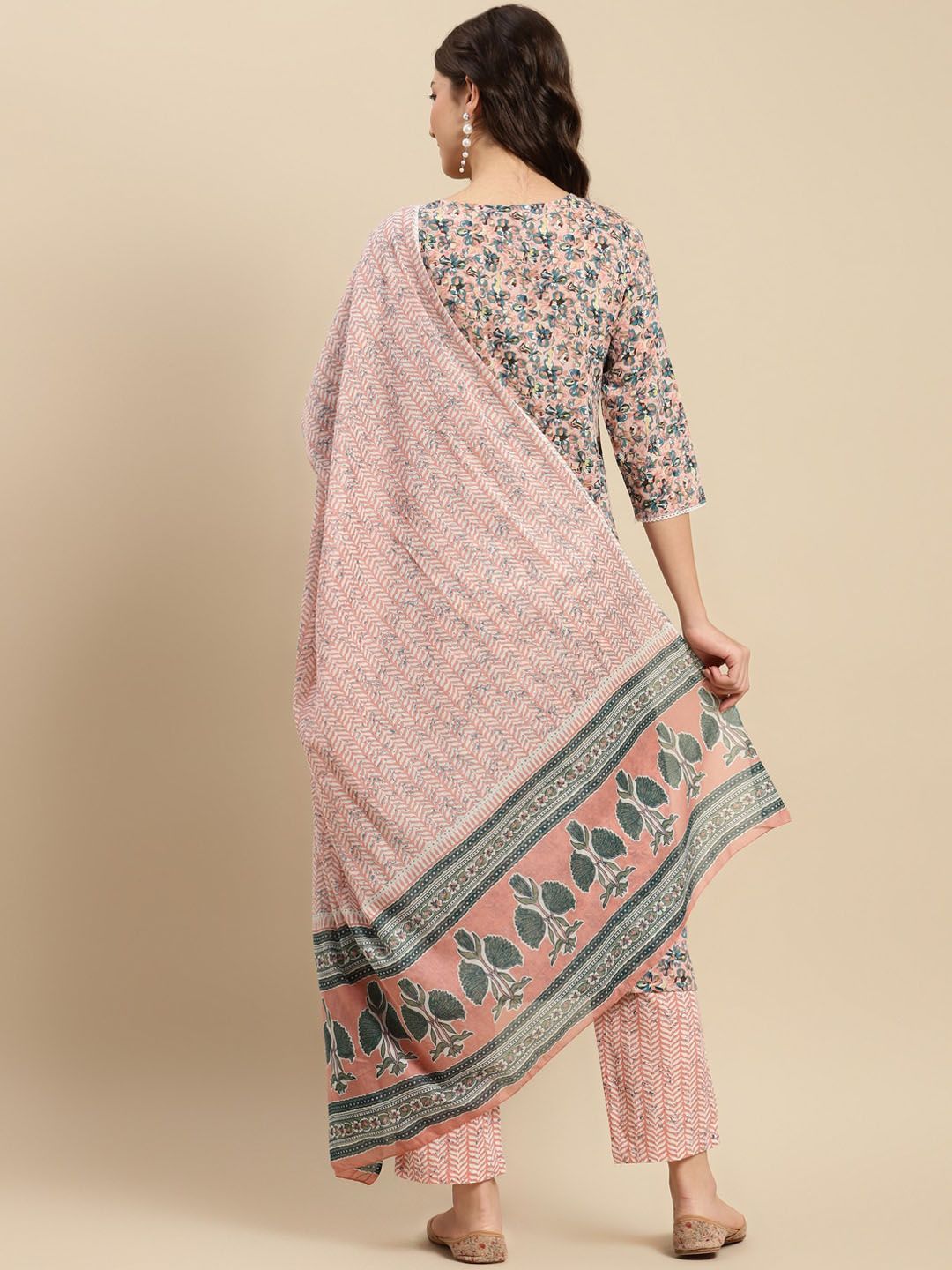 Dhiyona SN Women's Peach & Blue Floral-Printed Pure-Cotton Straight Kurta With Trouser & Dupatta