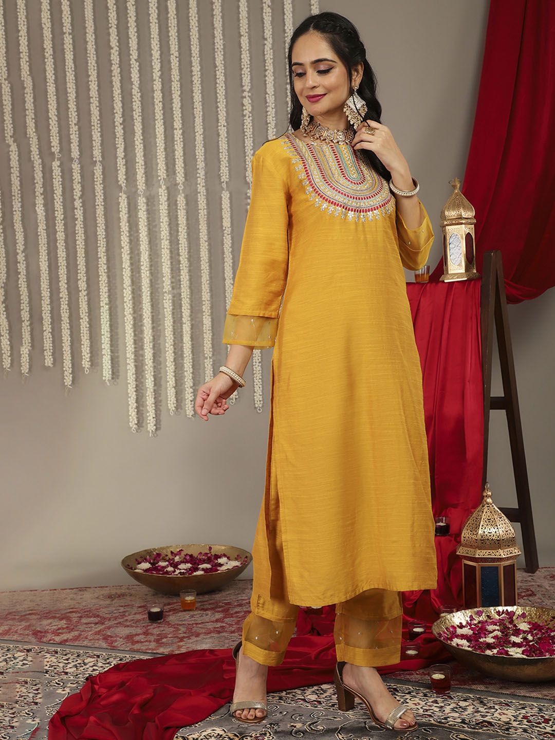 Dhiyona VA Women'sMustard Yellow Ethnic Motifs Embroidered Kurta with Palazzos & With Dupatta