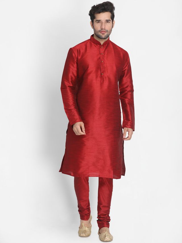 Men's Maroon Silk Blend Straight Jacket Kurta and Pyjama Set
