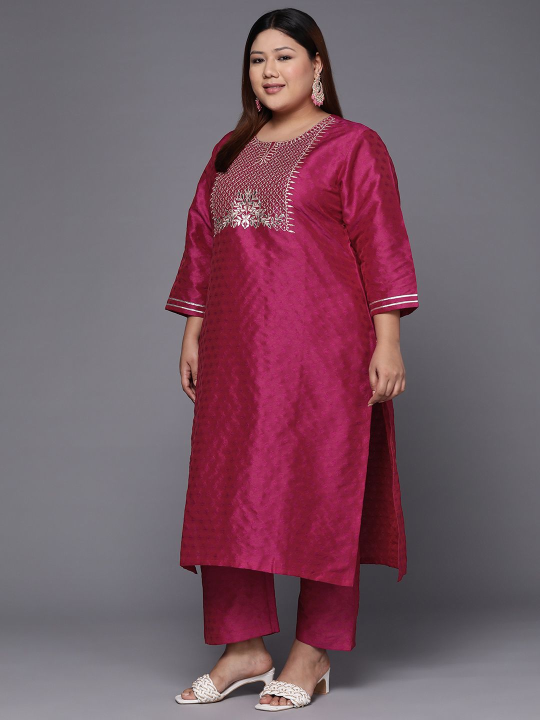 Dhiyona VA Women's Magenta Floral Embroidered Kurta with Trousers & Dupatta