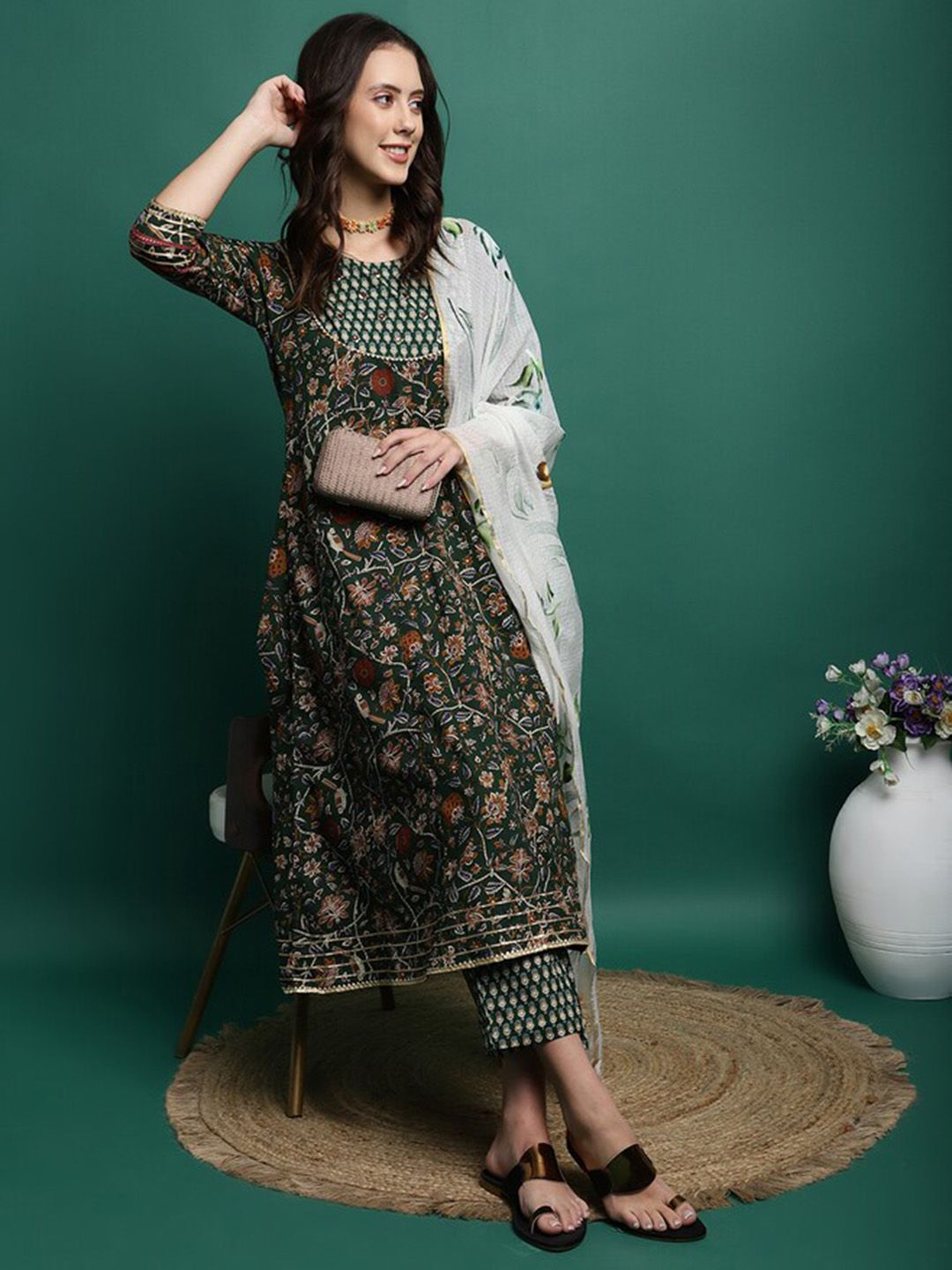 Dhiyona SN Women's Floral Printed Pure Cotton A-Line Kurta With Trousers & Dupatta