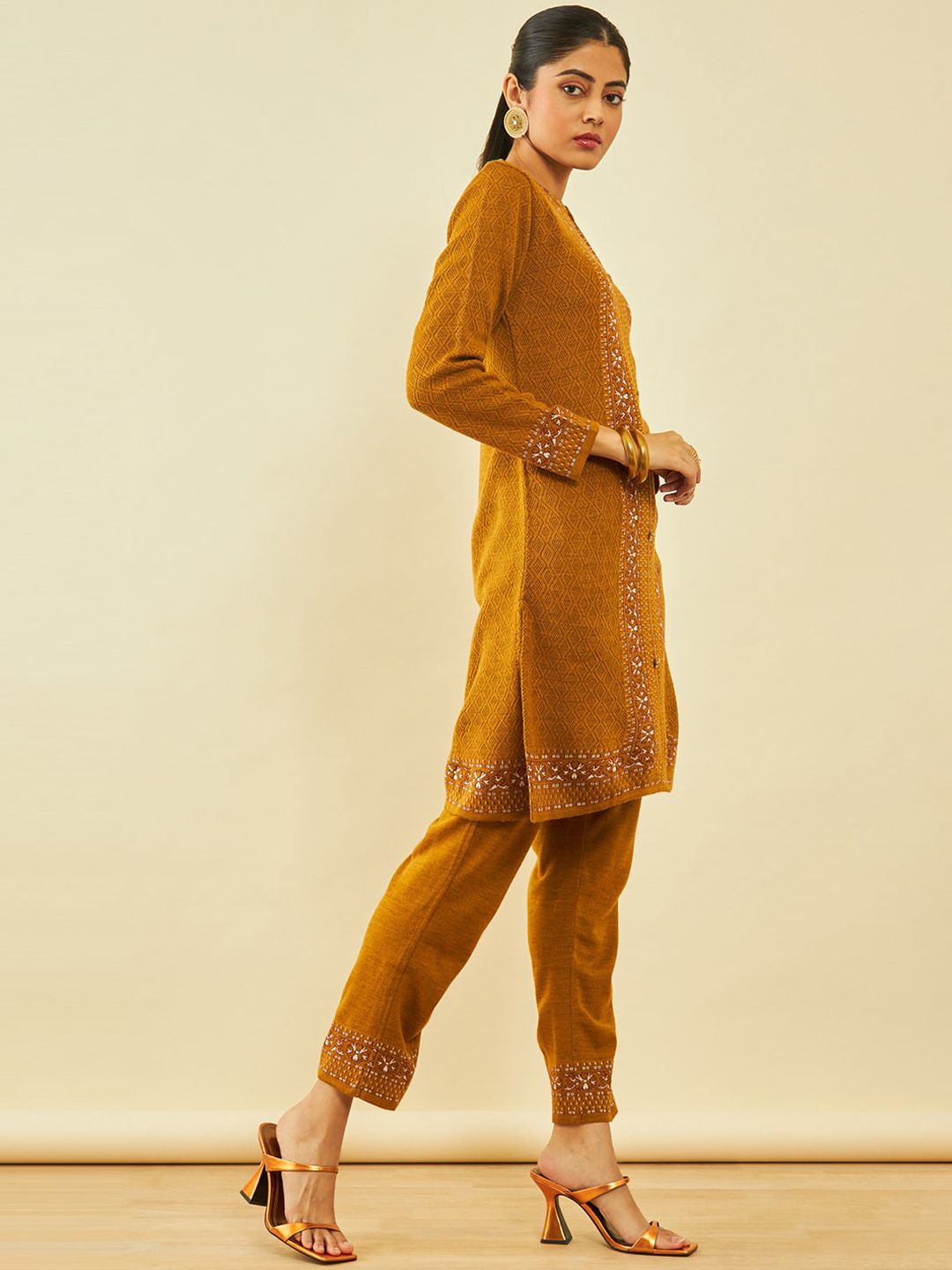 Dhiyona SO Women's Mustard Yellow Self Design Regular Straight Kurta with Trousers