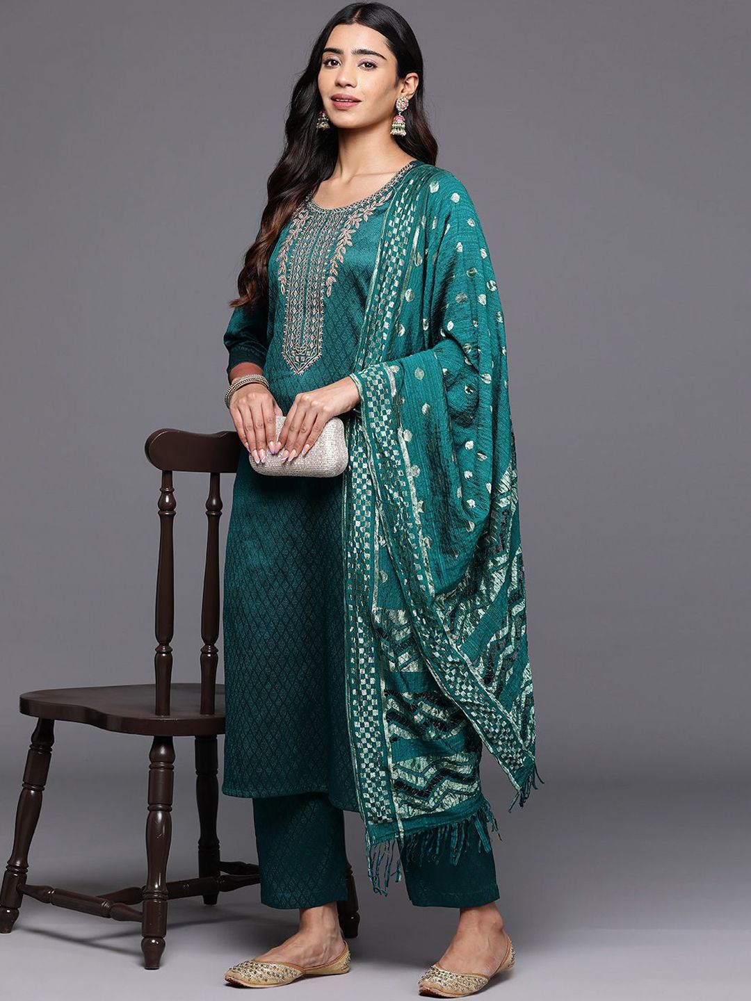Dhiyona VA Women'sEthnic Motifs Zari Embroidered Yoke Kurta & Trousers With Dupatta